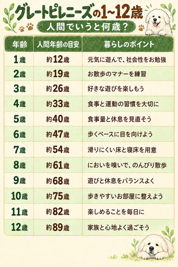グレートピレニーズの年齢換算表